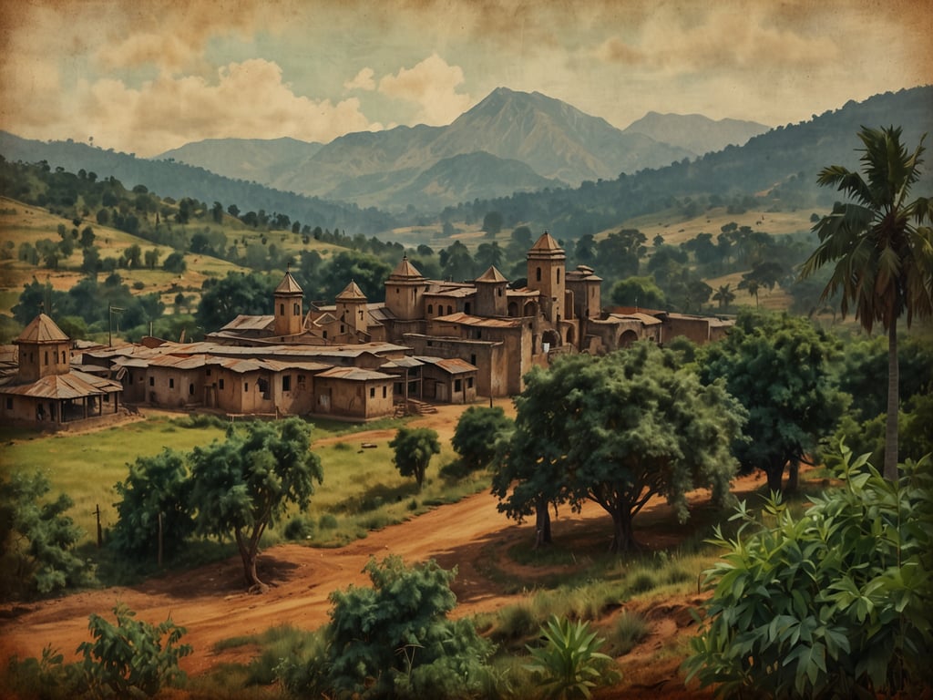 Kamerun im Überblick: Auf dem Bild ist eine ländliche Szene aus Kamerun zu sehen. Es zeigt ein kleines Dorf oder eine Siedlung mit traditionellen Gebäuden, die zum Teil aus Lehm oder Stein bestehen. Die Architektur ist durch charakteristische, spitze Dächer geprägt. Umgeben ist das Dorf von einer üppigen, grünen Landschaft mit Bergen im Hintergrund. Die Atmosphäre vermittelt ein Gefühl von Naturverbundenheit und ländlicher Idylle, unterstrichen durch die verschiedenen Bäume und das hügelige Gelände.