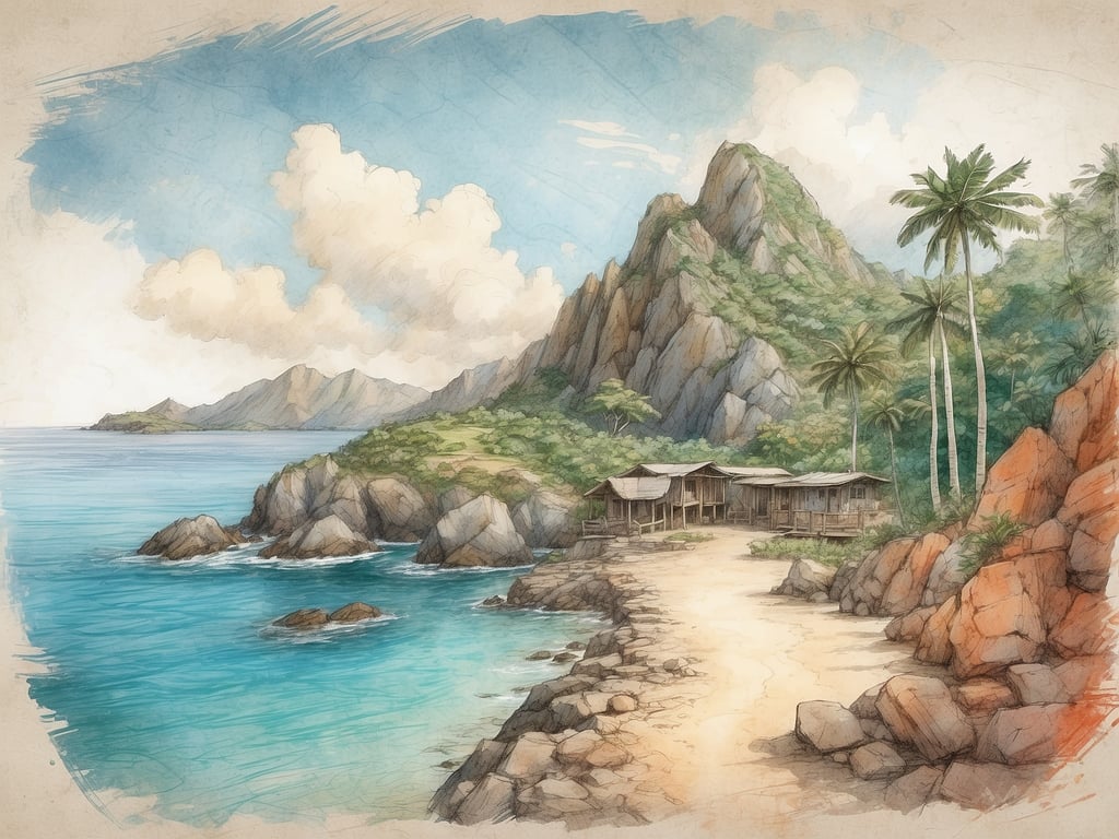 Auf dem Bild ist eine malerische Küstenlandschaft zu sehen, die von üppigen grünen Bergen und klarem, türkisfarbenem Wasser umgeben ist. Diese tropische Umgebung bietet viele Möglichkeiten für Aktivitäten und Abenteuer. Man könnte geführte Wanderungen durch die Berge unternehmen und spektakuläre Ausblicke genießen. 

Das kristallklare Wasser lädt zu Wassersportarten wie Schnorcheln oder Kajakfahren ein, um die bunte Unterwasserwelt zu erkunden. Außerdem könnte man am Strand entspannen, Muscheln sammeln oder ein Picknick im Schatten der Palmen veranstalten. Die kleine Strandbude könnte auch ein idealer Ausgangspunkt für Ausflüge zu nahegelegenen Inseln sein, um neue, unentdeckte Strände zu erkunden oder die lokale Küche zu genießen.