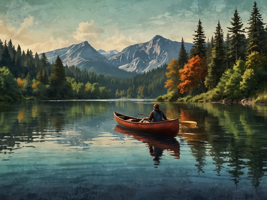 Auf dem Bild ist ein Kanu zu sehen, in dem eine Person auf einem ruhigen, spiegelnden Gewässer paddelt. Im Hintergrund erheben sich majestätische Berge, und die Ufer sind von einem dichten Wald umgeben, der mit herbstlichen Farben geschmückt ist. Die Szenerie vermittelt eine friedliche und malerische Atmosphäre in der Natur.
