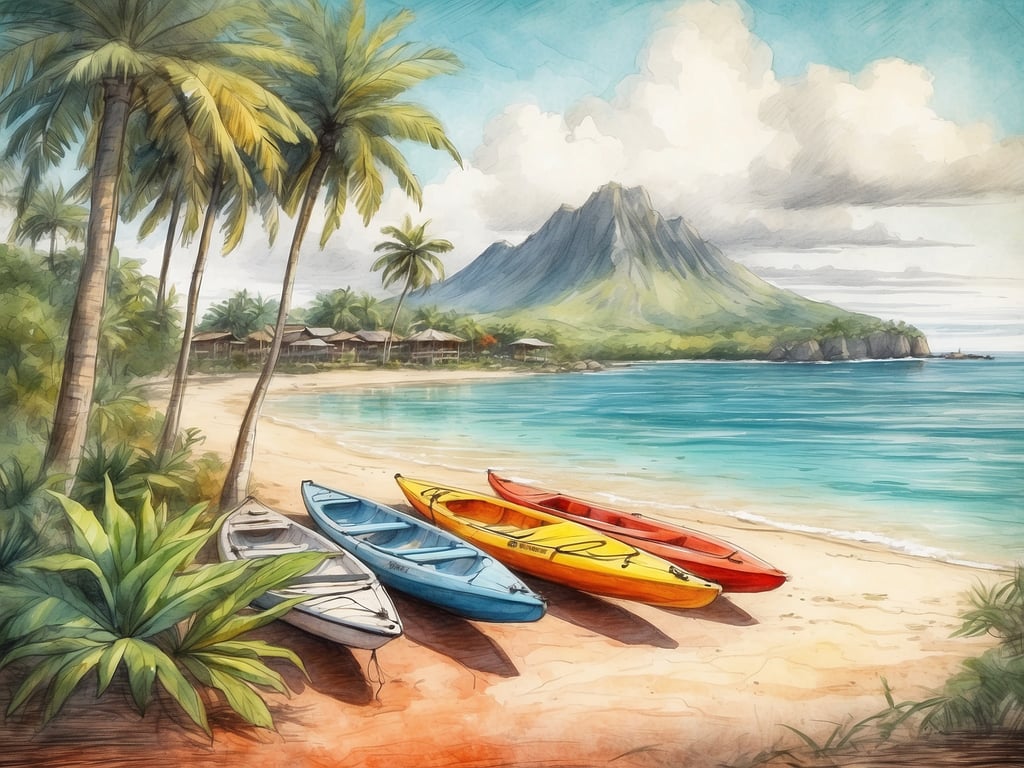 Auf dem Bild ist ein malerischer Strand mit Palmen, ruhigem Wasser und mehreren Kajaks zu sehen. Im Hintergrund erhebt sich ein majestätischer Berg. Diese Szenerie vermittelt ein tropisches Urlaubsgefühl.

Wenn man die Kapverden für einen Urlaub wählt, könnte das Bild auf die Insel **Fogo** hinweisen. Fogo ist bekannt für seinen Vulkan, der eine spektakuläre Kulisse bietet, sowie für seine Strände und Wassersportmöglichkeiten. Perfekt für Abenteuerlustige und Naturliebhaber!