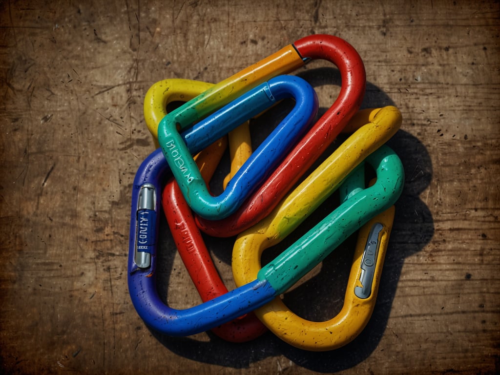 Auf dem Bild sind mehrere bunte Karabiner zu sehen, die miteinander verwoben sind. Die Karabiner sind in verschiedenen Farben, darunter Rot, Gelb, Blau, Grün und Lila. Sie liegen auf einer Holzoberfläche und scheinen aus Kunststoff oder einem ähnlichen Material zu bestehen.