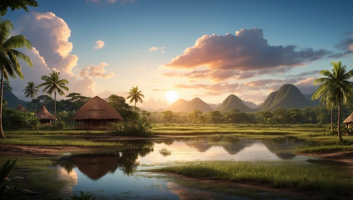 Landschaft mit Palmen, Hüttendächern aus Schilf, Wasserfläche und Bergen im Hintergrund bei Sonnenuntergang.