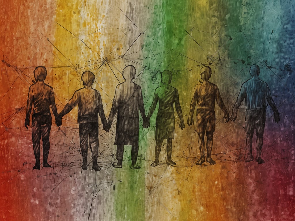 Auf dem Bild sind mehrere Personen zu sehen, die Händchen haltend ineinander greifen. Die siluettenhaften Figuren stehen in einer Reihe und bilden eine Verbindung zueinander. Der Hintergrund ist in leuchtenden Farben gestaltet, die an Vielfalt und Gemeinschaft erinnern. 

Diese Darstellung symbolisiert Partnerschaften und Zusammenarbeit, indem sie die Bedeutung der Gemeinschaft und den Zusammenhalt zwischen Menschen betont. Die bunten Farben können auch für unterschiedliche Kulturen und Identitäten stehen, die in gegenseitiger Unterstützung und Harmonie miteinander verbunden sind. Solche Darstellungen fördern das Verständnis, dass Zusammenarbeit der Schlüssel zum Fortschritt und zur Stärkung von Beziehungen ist.