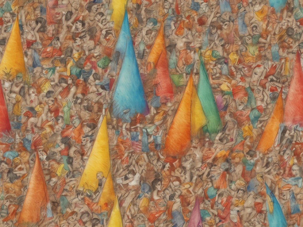 Auf dem Bild sind viele Menschen zu sehen, die scheinbar an einem lebhaften Festival oder einer Feier teilnehmen. Es gibt bunt gefärbte, spitz zulaufende Flaggen oder Banner in verschiedenen Farben, die eine festliche Atmosphäre schaffen. Die Menschen scheinen zu tanzen, zu feiern und sich in einer fröhlichen Stimmung zu befinden. Solche Szenen könnten typisch für Veranstaltungen wie Karneval, Straßenfeste oder große kulturelle Feiern sein, bei denen Gemeinschaft und Freude im Vordergrund stehen.