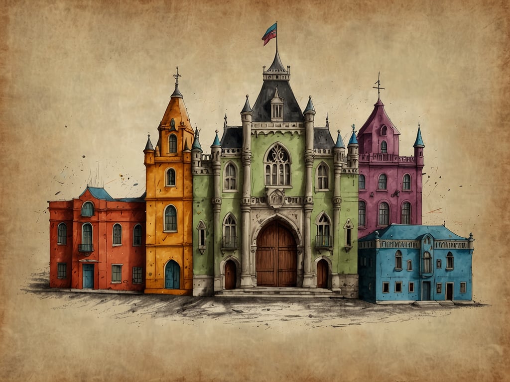 Auf dem Bild ist eine farbenfrohe, fantasievoll gestaltete Architektur zu sehen. Es handelt sich um ein Gebäudeensemble mit mehreren Türmen und unterschiedlichen Farbgebungen wie Orange, Rot, Grün, Blau und Pink. Das zentrale Gebäude hat einen großen Eingang und ist mit Türmen und Fenstern verziert. Diese kreative Darstellung könnte inspiriert sein von Märchenschlössern oder historischen Gebäuden. 

Allerdings kann ich keinen Katalogpreis angeben, da dieser nicht im Bild sichtbar ist und ich keine weiteren Informationen darüber habe.