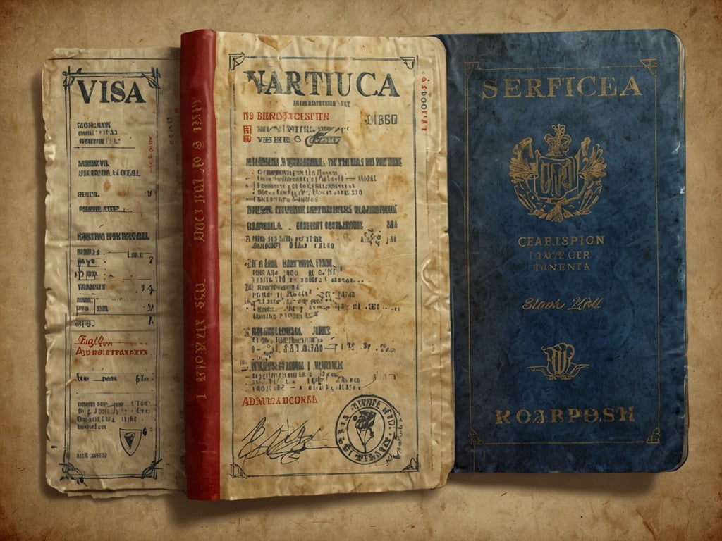 Auf dem Bild sind Dokumente zu sehen, die mit Visa- und Einreisebestimmungen in Verbindung stehen. Links ist ein Visumdokument abgebildet, das wahrscheinlich Informationen über die Einreise in ein bestimmtes Land enthält. In der Mitte befindet sich ein weiteres Dokument, das vermutlich eine Aufenthaltsgenehmigung oder ähnliche offizielle Bescheinigung darstellt. Rechts sieht man ein blaues Dokument, das möglicherweise zusätzliche Informationen oder Bestätigungen zu den anderen beiden Dokumenten enthält. Alle Dokumente sind in einem alten Zustand und scheinen historische Papiere zu sein.