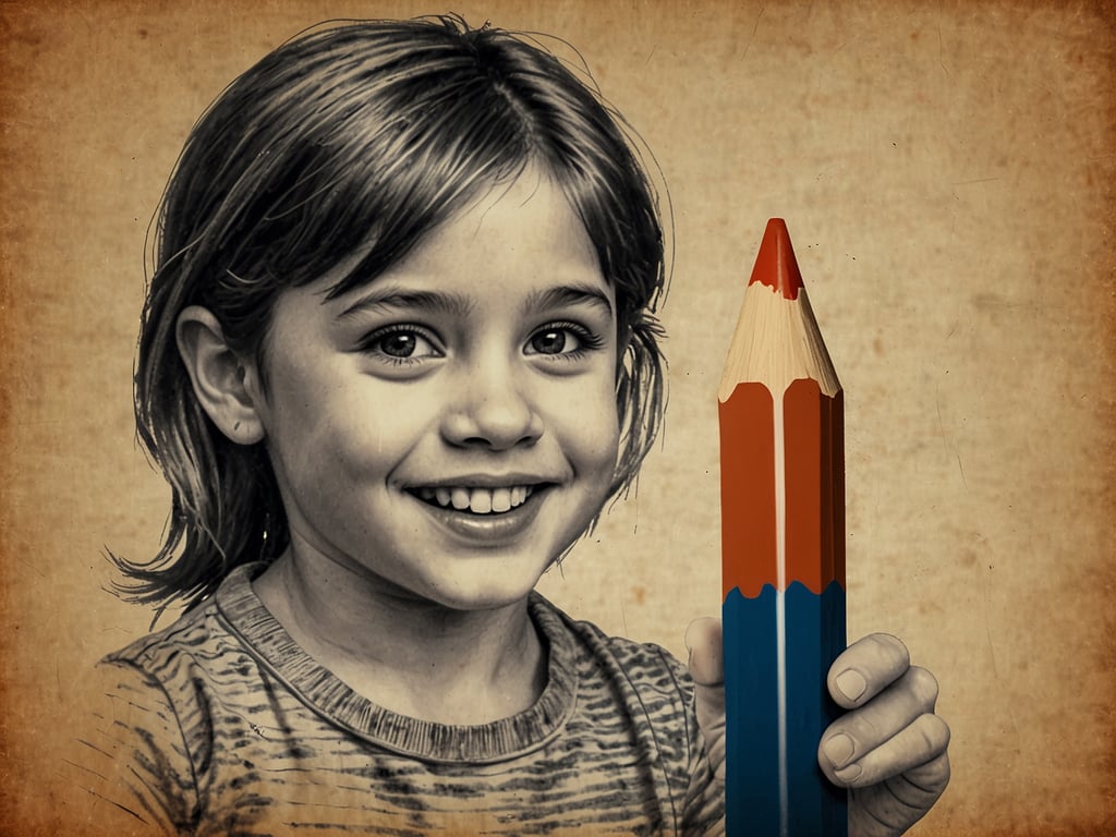 Auf dem Bild ist ein Mädchen zu sehen, das lächelt und einen großen Farb- oder Buntstift in der Hand hält. Der Stift hat eine rote und eine blaue Farbe. Die Darstellung wirkt freundlich und einladend. Es scheint, als würde das Mädchen Spaß am Zeichnen haben. Das könnte eine tolle Inspiration für den Kids Club sein, wo die Kinder kreativ sein und malen können!