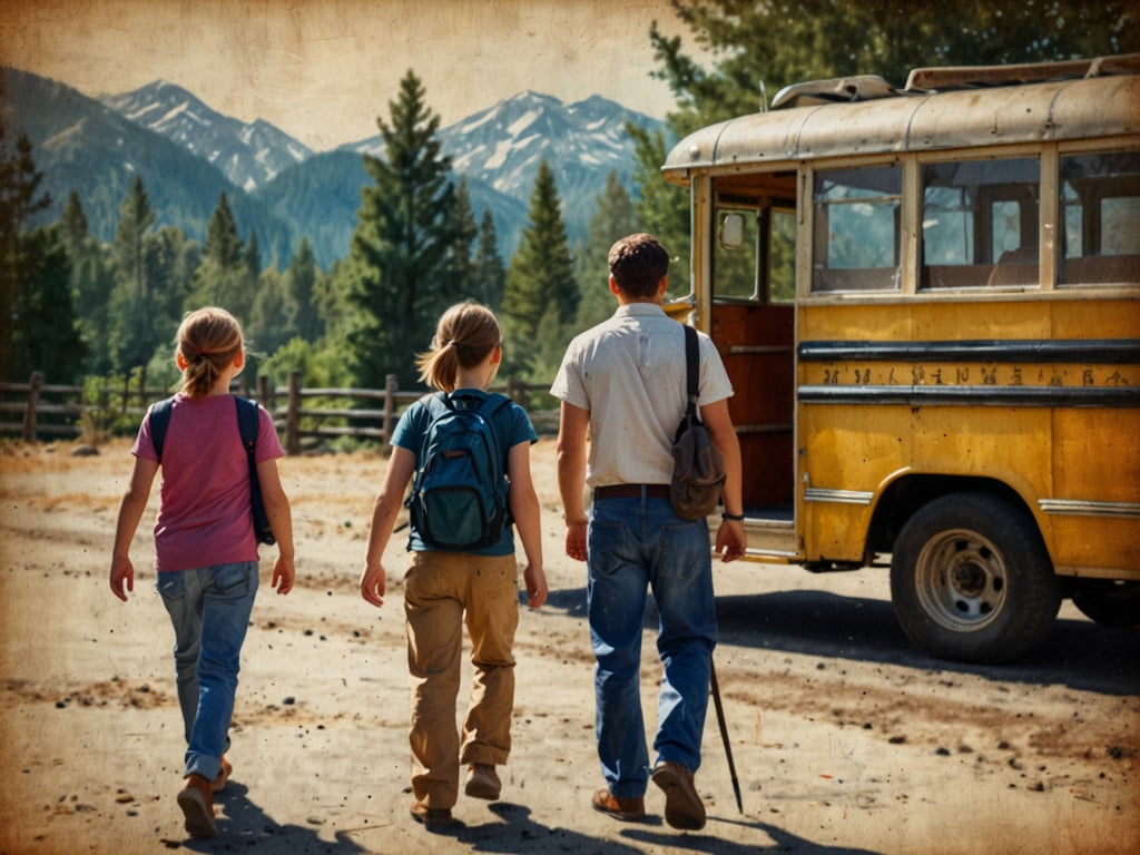 Auf dem Bild sind drei Kinder zu sehen, die in die Natur unterwegs sind. Sie gehen zusammen einen Weg entlang, während ein gelber Bus in der Nähe steht. Die Umgebung ist von Bergen und Bäumen geprägt, was auf eine Reise oder ein Abenteuer in der Natur hindeutet. Die Kinder haben Rucksäcke dabei, was darauf schließen lässt, dass sie auf einen Ausflug oder eine Abenteuerreise in die Natur sind, vielleicht im Rahmen eines Kinder- oder Jugendlagers.