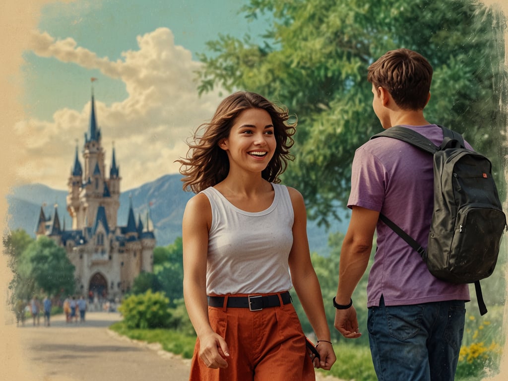 Auf dem Bild sind zwei junge Menschen zu sehen, die in einem Park oder Freizeitgebiet spazieren gehen. Sie wirken fröhlich, und im Hintergrund ist ein beeindruckendes Schloss zu sehen, das wie ein Märchenschloss aussieht. Es ist eine sonnige Umgebung mit viel Grün, und die Atmosphäre ist entspannt und einladend. Kinder könnten hier mit einer Kinderermäßigung Eintritt erhalten, was es zu einem tollen Ort für Familien macht!