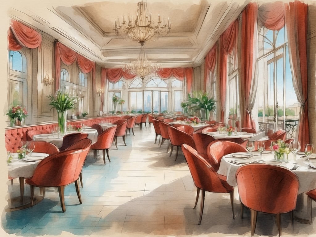 Auf dem Bild ist ein elegantes Restaurant zu sehen, das eine gehobene Atmosphäre ausstrahlt. Die Einrichtung zeichnet sich durch rote Samtstühle und geschmackvoll gedeckte Tische aus, die mit Blumen und Gläsern dekoriert sind. Große Fenster lassen viel Licht herein und bieten einen Blick ins Freie, was für ein angenehmes Ambiente sorgt. Dieses Gastronomieerlebnis im Kingsgate Hotel vermittelt ein Gefühl von Luxus und stilvollem Essen, ideal für besondere Anlässe oder ein romantisches Dinner.