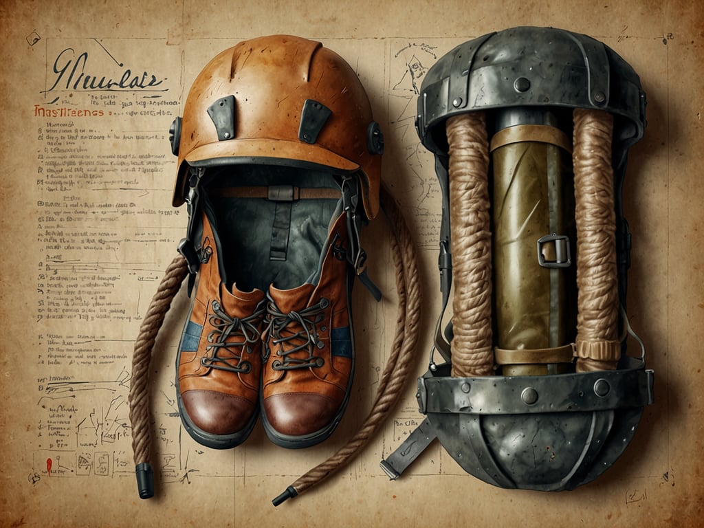 Auf dem Bild sind Kletterausrüstungen zu sehen. Links befindet sich ein paar robuste Kletterschuhe, die für den Halt und die Sicherheit beim Klettern ausgelegt sind. Daneben liegt ein Kletterhelm, der den Kopf des Kletterers vor Stößen und herabfallenden Gegenständen schützt. Rechts ist eine Art Sicherheitsausrüstung, die möglicherweise eine Seiltrommel oder ein ähnliches Gerät darstellt, das für die Sicherung beim Klettern verwendet wird. Diese Ausrüstungsgegenstände sind auf einem Hintergrund aus alten Notizen oder Plänen platziert.