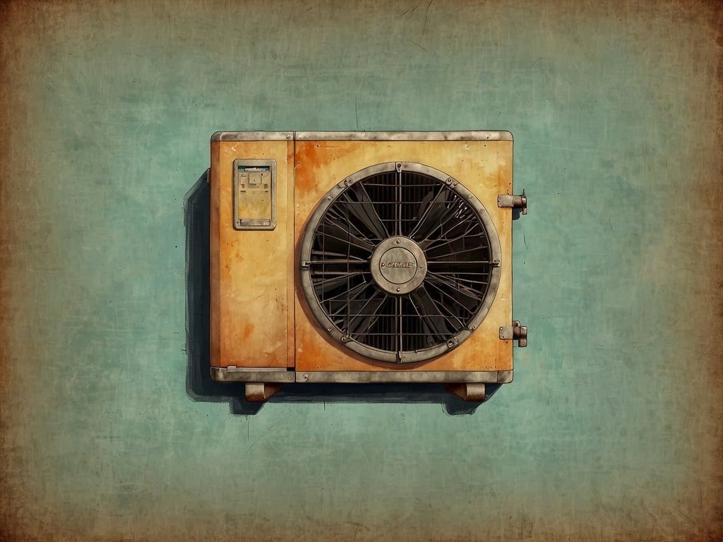 Auf dem Bild ist eine Klimaanlage zu sehen. Sie ist an einer Wand montiert und hat ein rustikales Design mit einer großen Ventilatoröffnung. Die Klimaanlage scheint etwas gebraucht oder älter zu sein, was durch die Farbgestaltung und Oberflächenstruktur angedeutet wird.