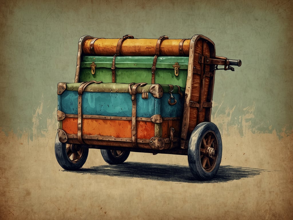 Auf dem Bild ist ein Kofferkuli zu sehen, der mit bunten Koffern beladen ist. Die Koffer sind in verschiedenen Farben gestaltet, darunter orange, blau, grün und braun. Der Kofferkuli hat Holzräder und vermittelt einen nostalgischen Eindruck.