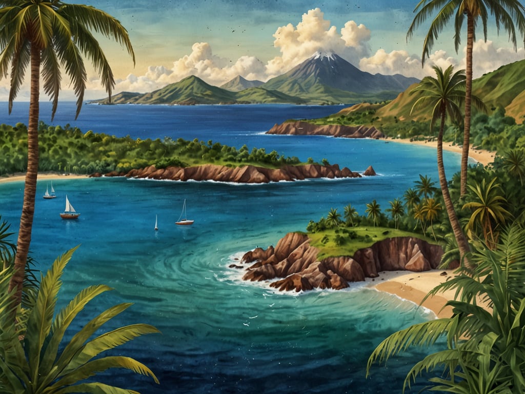 Auf dem Bild ist eine malerische Landschaft zu sehen, die die Schönheit der Komoren widerspiegelt. Es zeigt eine tropische Küstenlinie mit klarem, blauem Wasser und sanften Wellen, die gegen die Felsen schlagen. In der Ferne sind üppige, grüne Hügel und ein hoher, schneebedeckter Vulkan, der eine majestätische Kulisse bildet. Die Strände sind von Palmen gesäumt, und einige kleine Segelboote schwimmen friedlich im Wasser. Diese Szene vermittelt ein Gefühl von Ruhe und natürlicher Schönheit, das für die Komoren typisch ist, ein Archipel im Indischen Ozean, bekannt für seine atemberaubenden Landschaften und reichen Kulturen.