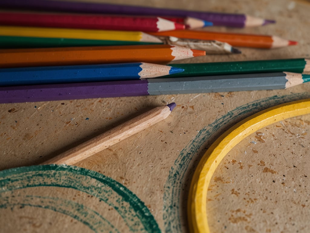 Auf dem Bild sind Farbstifte in verschiedenen Farben zu sehen, die auf einem Tisch liegen. Neben den Stiften sind auch einige gekritzelte Linien in Grün und ein gelber Kreis, der aus einer Art von Kreide oder einem ähnlichen Material gemacht sein könnte.

Abschließend lässt sich sagen, dass dieses Bild eine kreative Atmosphäre vermittelt, die möglicherweise von einer künstlerischen Expedition oder einem kreativen Prozess zeugt. Rückblickend auf die Expedition können wir erkennen, dass solche Aktivitäten nicht nur der Entspannung dienen, sondern auch die Kreativität anregen und unsere Fähigkeit fördern, Gedanken visuell auszudrücken.>>();