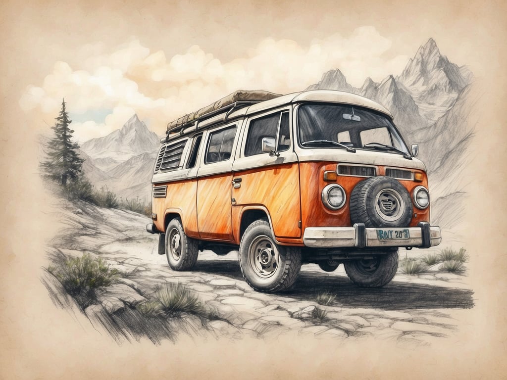 Auf dem Bild ist ein orangefarbener VW-Bus zu sehen, der auf einem malerischen, unbefestigten Weg inmitten einer beeindruckenden Berglandschaft steht. Die Umgebung ist von einer wilden, unberührten Natur geprägt, mit hohen Bergen im Hintergrund und vereinzelten Bäumen, die für ein Gefühl von Abenteuer und Freiheit sorgen. Hier kann man Abenteuer und Natur pur erleben!