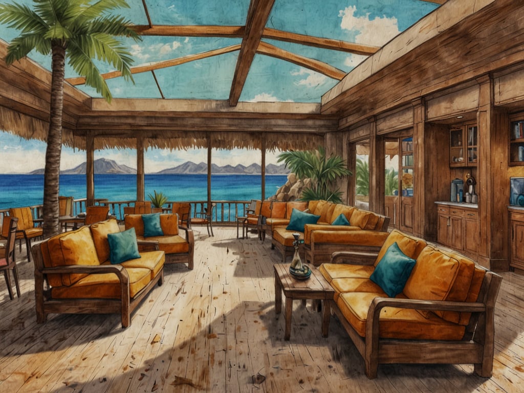 Auf dem Bild ist eine luxuriöse Lounge zu sehen, die sich direkt an einem Wasserbereich befindet. Die Einrichtung besteht aus gemütlichen, beigen Sofas mit bunten Kissen und Holzverkleidungen. Große Fenster und eine offene Dachkonstruktion sorgen für eine helle und luftige Atmosphäre. Diese Art von Umgebung könnte ein idealer Ort sein, um nach einem Tag auf einer Kreuzfahrt zu entspannen, während man den Blick auf das Meer und die umliegenden Berge genießt. Es vermittelt ein Gefühl von Exklusivität und Komfort, perfekt für Reisende, die das Meer und die tropische Kulisse schätzen.