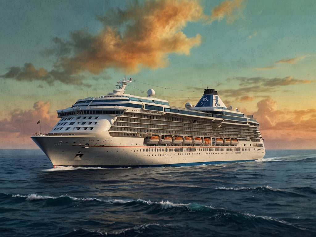 Auf dem Bild ist ein großes Kreuzfahrtschiff zu sehen, das auf dem offenen Wasser fährt. Die Kulisse zeigt einen schönen Himmel mit sanften Wolken und einem warmen Farbton, was auf ein angenehmes Kreuzfahrterlebnis hindeutet. Solche Schiffe bieten viele Annehmlichkeiten für Passagiere, darunter Restaurants, Pools und Unterhaltungsangebote, um die Reise zu einem unvergesslichen Erlebnis zu machen.