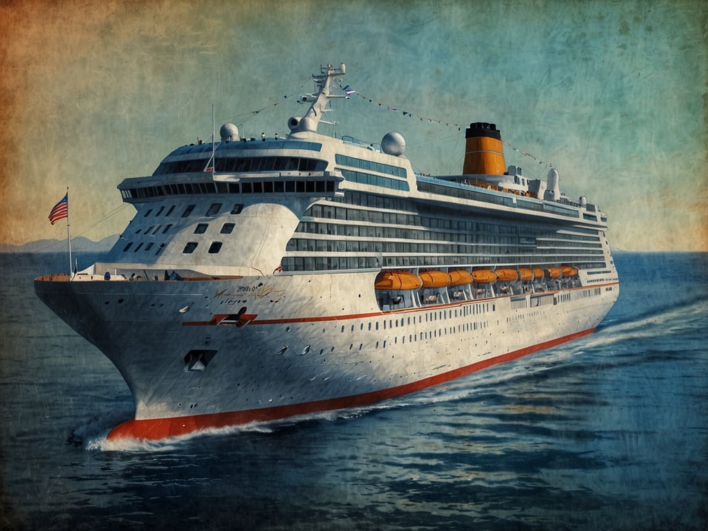 Auf dem Bild ist ein Kreuzfahrtschiff zu sehen, das auf dem Wasser fährt. Es verfügt über mehrere Decks mit Fenstern und Rettungsbooten. Die Flagge der USA weht am Bug des Schiffes, und das Schiff hat eine charakteristische Farbenkombination mit Weiß und Orange. Der Hintergrund zeigt eine ruhige Wasseroberfläche und möglicherweise Berge in der Ferne.