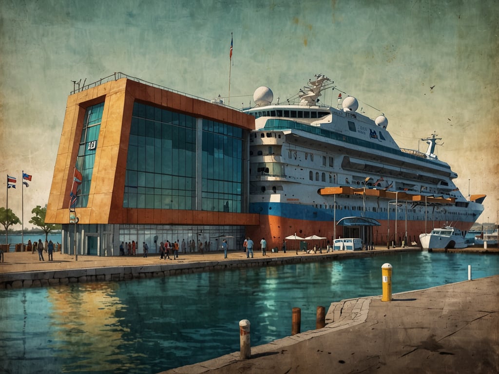 Auf dem Bild ist ein modernes Kreuzfahrtterminal zu sehen. Es hat große Glasflächen und eine auffällige Architektur. Vor dem Terminal stehen mehrere Menschen, und im Hintergrund sieht man ein großes Kreuzfahrtschiff, das festgemacht hat. Der Hafenbereich ist malerisch mit Wasser und Uferanlagen gestaltet.
