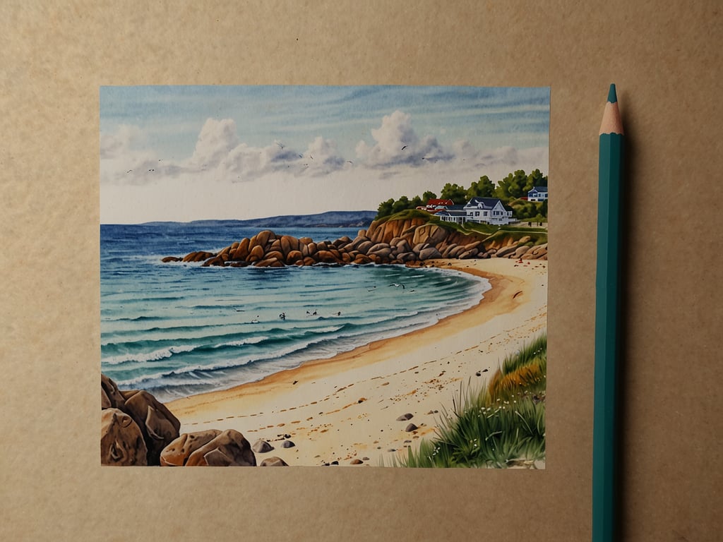 Auf dem Bild ist eine malerische Küstenlandschaft zu sehen, die eine ruhige Bucht mit feinem Sandstrand zeigt. Die sanften Wellen schlagen gegen die kleinen Felsen, und im Hintergrund sind einige Häuser mit grünen Bäumen zu sehen. Die Wolken am Himmel verleihen der Szene eine friedliche Atmosphäre. Diese Darstellung könnte perfekt zu einem Thema wie 