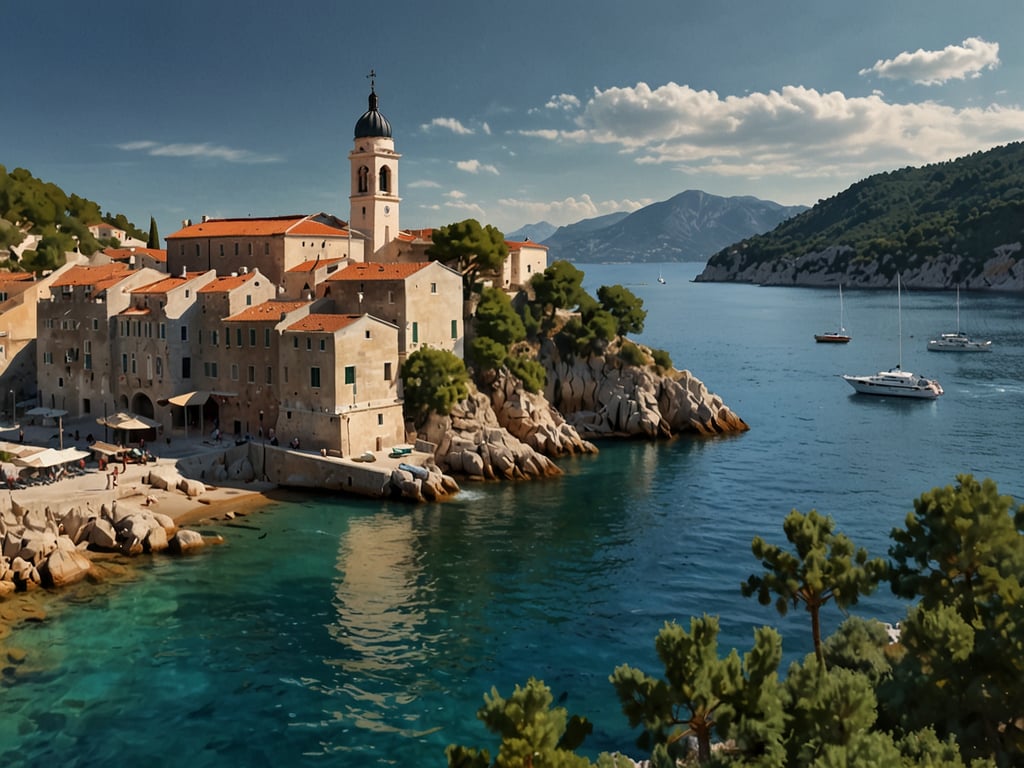 Auf dem Bild ist eine malerische Küstenlandschaft zu sehen, die typisch für Kroatien ist. Im Vordergrund sieht man kristallklares Wasser und eine kleine Strandpromenade. Im Hintergrund heben sich charmante Steinhäuser mit roten Dächern und eine Kirche ab, die auf einem Hügel thront. In der Bucht liegen mehrere Yachten und Boote, was auf eine touristische Umgebung hindeutet. Diese Szenerie spiegelt die Schönheit und den Reiz Kroatiens wider, besonders in Hinblick auf den Rekord-Tourismus im Jahr 2024, der offenbar stark von britischen Touristen nachgefragt wird.