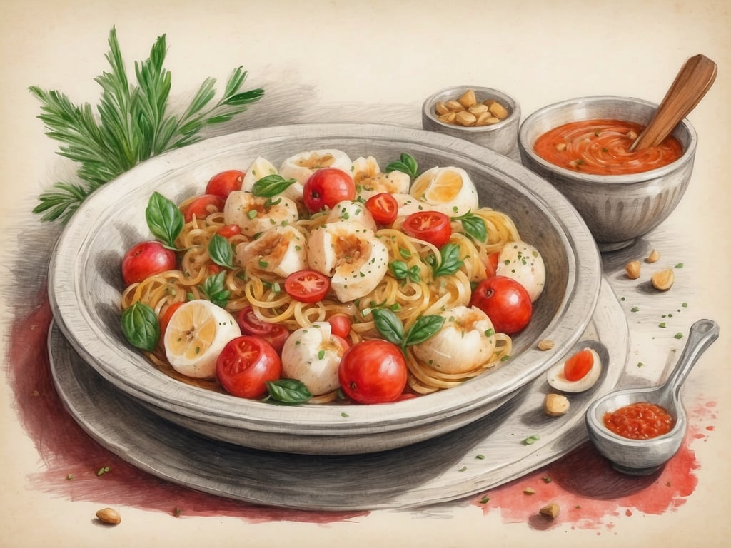 Auf dem Bild ist ein aromatisches Pastagericht mit verschiedenen Zutaten zu sehen, darunter Spaghetti, Kirschtomaten, frisches Basilikum und Mozzarella. Daneben befinden sich zwei Schalen, eine mit einer Tomatensauce und eine mit Nüssen.

Essen spielt eine zentrale Rolle in der maltesischen Kultur, da es nicht nur den physikalischen Hunger stillt, sondern auch das soziale Miteinander fördert. Mahlzeiten sind oft Gelegenheiten für Familientreffen und Freundschaften. Die maltesische Küche spiegelt Einflüsse aus Italien, Nordafrika und dem Mittelmeer wider, wobei Pasta und frische Zutaten wie Tomaten und Kräuter eine wichtige Rolle spielen. Traditionelle Gerichte werden häufig zu besonderen Anlässen oder Feiertagen zubereitet, was die Verbundenheit mit der Kultur und Tradition stärkt.