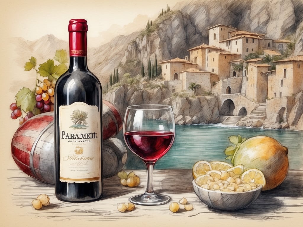 Das Bild zeigt eine stilvolle Komposition, die die unentdeckte Welt des albanischen Weins verkörpert. Im Vordergrund steht eine Flasche Rotwein mit dem Namen 