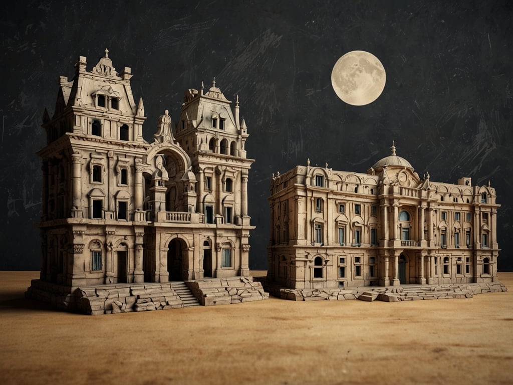 Auf dem Bild sind zwei kunstvoll gestaltete Gebäude zu sehen, die an historische Architektur erinnern. Die detaillierte Darstellung lässt auf eine kreative Reise durch verschiedene Stilrichtungen und Kulturen schließen. Der Mond im Hintergrund fügt eine mystische Atmosphäre hinzu und verstärkt das Gefühl einer nächtlichen Kulturreise. Diese Art von Bildern könnte dazu anregen, mehr über architektonische Stile und ihre Hintergründe zu erfahren.