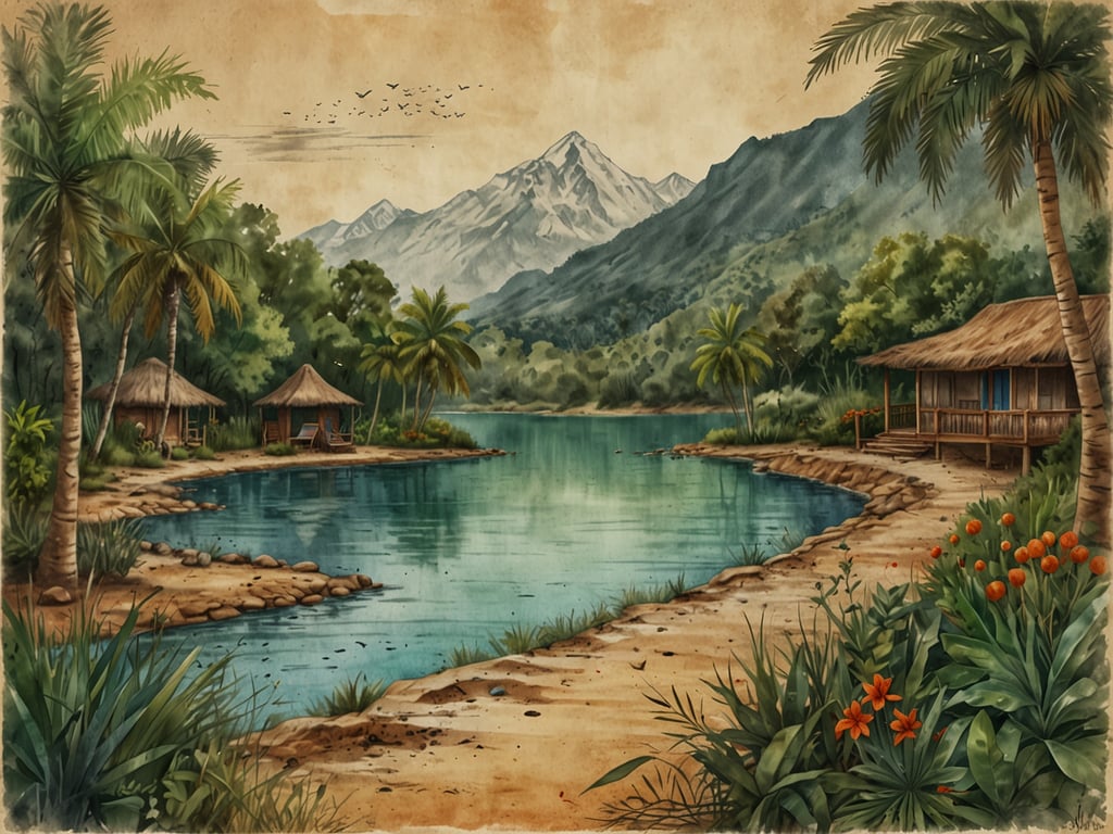 Auf dem Bild ist eine idyllische Landschaft zu sehen, die an ein tropisches Gebiet erinnert. Es gibt einen ruhigen Fluss oder See, umgeben von üppiger Vegetation und Bergen im Hintergrund. Die Hütten im Bild deuten auf eine harmonische Integration von Mensch und Natur hin.

Im Kontext des Iwokrama-Reservats, das für seine reiche Biodiversität und seine Bemühungen um Nachhaltigkeit bekannt ist, zeigt dieses Bild eine Umgebung, die den Umweltschutz und die nachhaltige Nutzung natürlicher Ressourcen verkörpert. Das Reservat fördert nachhaltige Praktiken, um die einzigartigen Ökosysteme zu erhalten und gleichzeitig den Lebensunterhalt der lokalen Gemeinschaften zu unterstützen. Die Darstellung der Landschaft könnte ein Symbol für das Gleichgewicht zwischen Mensch und Natur sein, das im Iwokrama-Reservat angestrebt wird.
