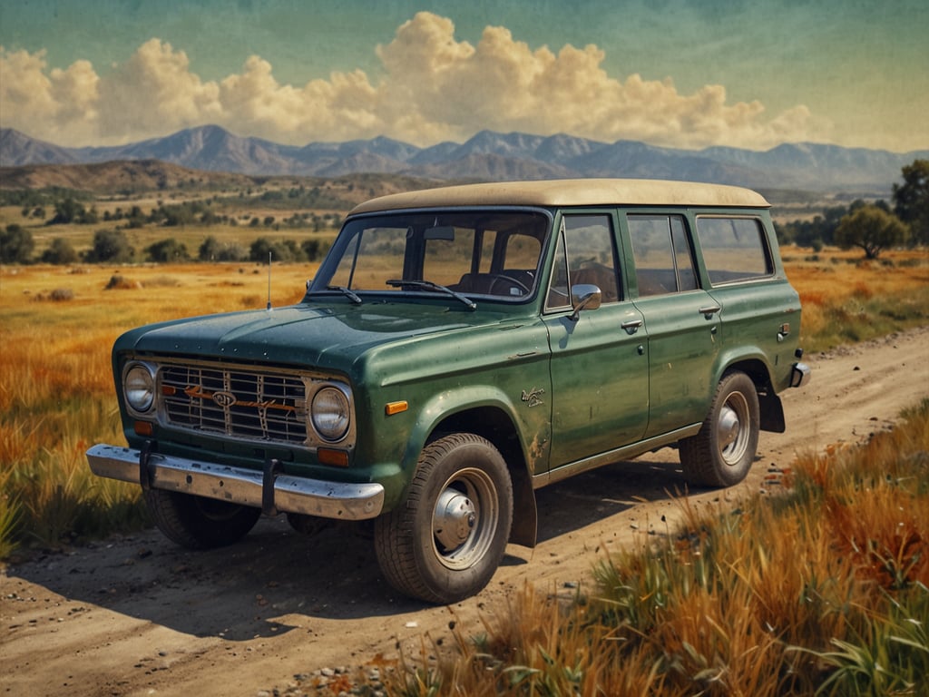 Auf dem Bild ist ein grüner SUV zu sehen, der auf einem unbefestigten Weg in einer ländlichen Umgebung steht. Im Hintergrund zieht sich eine malerische Landschaft mit sanften Hügeln und vereinzelten Bäumen bis zum Horizont. Der Himmel ist blau und mit einigen Wolken verziert, was eine idyllische Atmosphäre schafft. Der geländetaugliche Charakter des Fahrzeugs scheint gut zur Umgebung zu passen, und die gesamte Szene vermittelt ein Gefühl von Abenteuer und Naturverbundenheit.