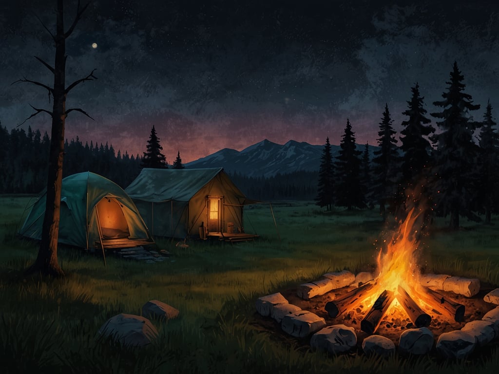 Auf dem Bild sind zwei Zelte in einer Waldlandschaft zu sehen, umgeben von hohen Bäumen und Bergen im Hintergrund. In der Mitte des Bildes brennt ein Lagerfeuer, das warmes Licht ausstrahlt. Es ist Nacht, und der Himmel ist durch die Dunkelheit und ein paar Sterne überzogen. Das Lagerfeuer bietet eine gemütliche Atmosphäre für ein Campingerlebnis.