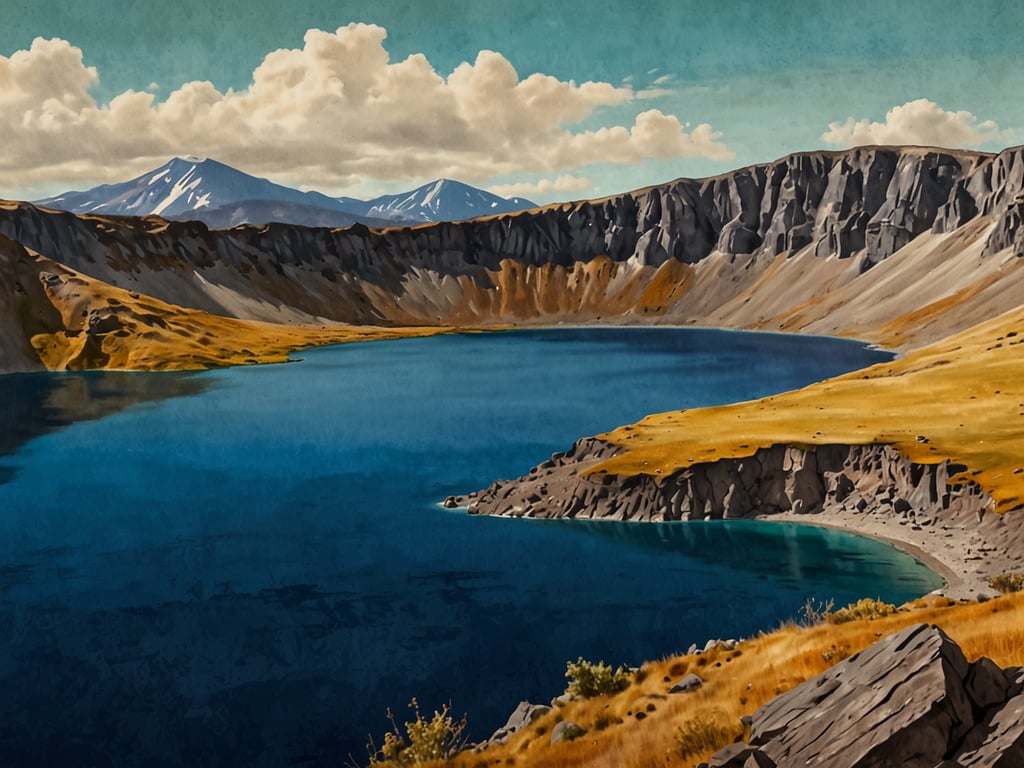 Auf dem Bild ist der atemberaubende Kratersee von Tiscapa zu sehen. Er wird von hohen Bergen umgeben, und das Wasser hat eine tiefblaue Farbe, die die Landschaft besonders schön hervorhebt. Die Ufer sind mit sanften Hügeln und Graslandschaften gesäumt, was dem Gesamtbild eine malerische Note verleiht. Die Wolken am Himmel tragen zur beeindruckenden Atmosphäre bei.