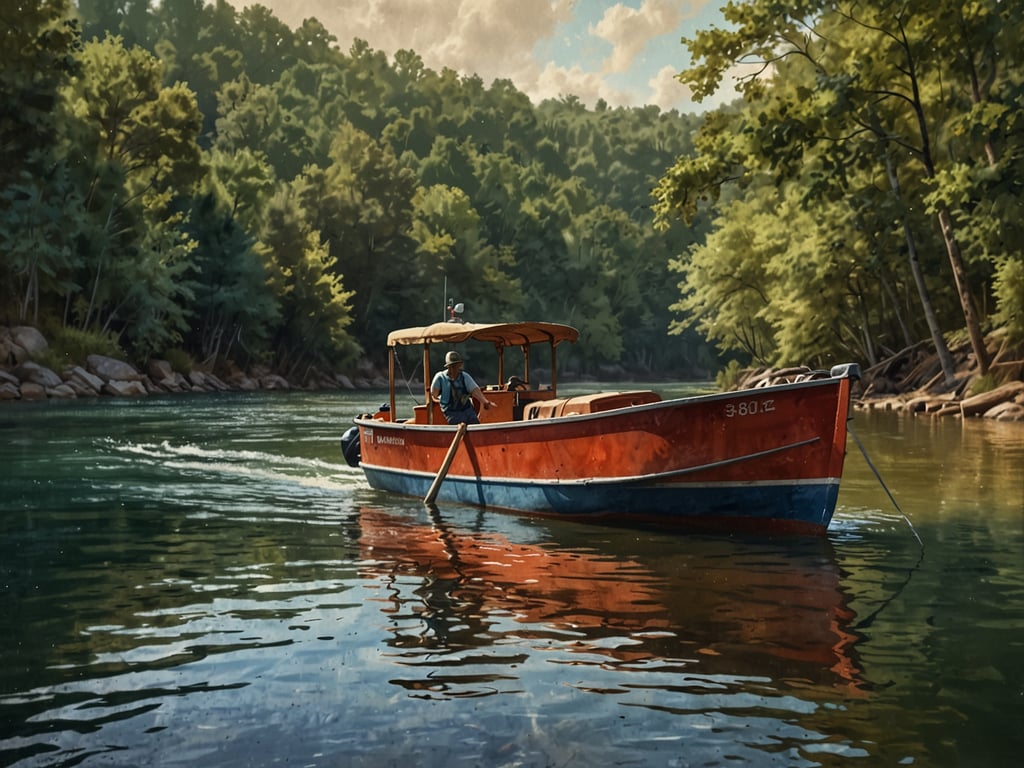 Auf dem Bild sieht man ein Boot, das durch ruhiges Wasser fährt, umgeben von üppigen, grünen Bäumen. Diese Szenerie könnte typisch für die Anreise zu Lamanai sein, einem alten Maya-Ort in Belize, der oft über Flüsse und Wasserwege erreicht wird. Das Boot und die Natur vermitteln eine friedliche, malerische Atmosphäre, die die Reise zu diesem historischen Ziel begleiten könnte.