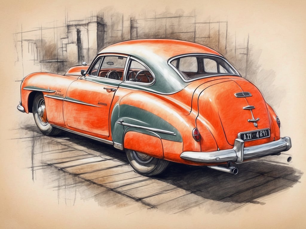 Auf dem Bild ist ein gezeichnetes, oranges und grünes Auto zu sehen, das einen klassischen Stil aufweist. Es handelt sich um eine Rückansicht des Fahrzeugs. Wenn Sie planen, einen Urlaub zu buchen, können Sie sich bei Landal Angebote & Gutscheine sichern, um Last Minute Rabatte zu erhalten!