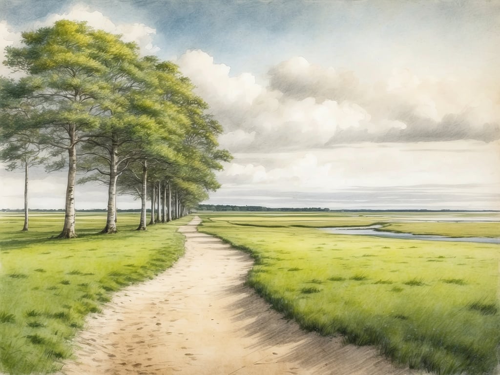 Auf dem Bild ist ein malerischer Weg zu sehen, der von einer Reihe von Bäumen gesäumt wird. Der Weg führt durch eine grüne Landschaft, die mit Gras und Wiesen bedeckt ist, und im Hintergrund ist eine Weite mit Wasser zu erkennen. Dieser Anblick erinnert an die ruhige und natürliche Umgebung von Landal GreenParks Ameland State, wo man die Schönheit der niederländischen Landschaft genießen kann, ideal für Spaziergänge und Erholung in der Natur.