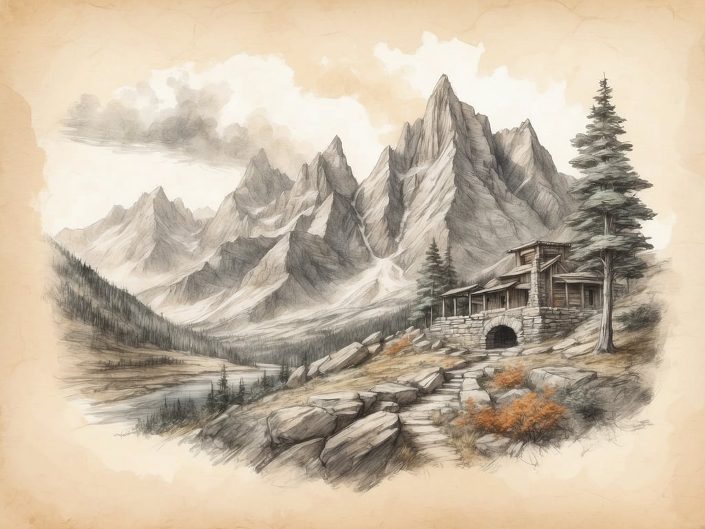 Auf dem Bild sind beeindruckende Berglandschaften zu sehen, die ideal für Outdoor-Aktivitäten sind. Man könnte hier wandern, die schöne Natur erkunden und die Ruhe der Berge genießen. Das angezeigte Gebäude könnte eine gemütliche Berghütte sein, die Besucher einlädt, nach einer langen Wanderung zu entspannen, oder einen Ausblick auf die Umgebung zu bieten. Ein nahegelegener Fluss oder See lädt ebenfalls zu Freizeitaktivitäten wie Angeln oder Bootfahren ein. Die Szenerie bietet eine perfekte Kulisse für Naturliebhaber und Outdoor-Enthusiasten.