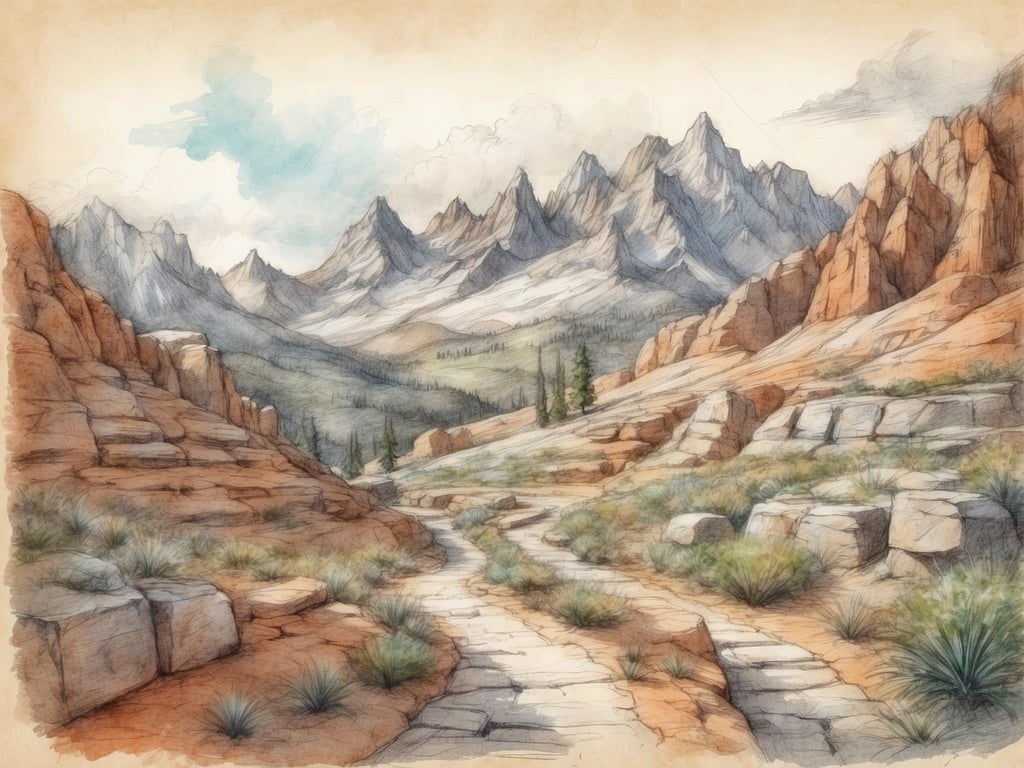 Auf dem Bild ist eine malerische Landschaft mit majestätischen Bergen und einer sanften, gewundenen Steinweg zu sehen. Diese Art von Umgebung erinnert an Nationalparks oder Naturschutzgebiete, wo zahlreiche Aktivitäten möglich sind. 

In der Nähe könnte man Wandern oder Trekking betreiben, um die beeindruckende Natur zu erkunden. Auch Fotografie-Fans könnten sich hier entfalten, um die atemberaubenden Ausblicke festzuhalten. In den Bergen könnte man Klettern oder Mountainbiking genießen. Zudem bieten viele Regionen in solchen Landschaften oft Möglichkeiten zum Campen und zur Tierbeobachtung, was die Verbindung zur Natur intensiviert. 

Die sanfte Vegetation und die ruhige Szenerie laden auch dazu ein, entspannende Spaziergänge zu unternehmen oder einfach die Stille und Schönheit der Natur zu genießen.