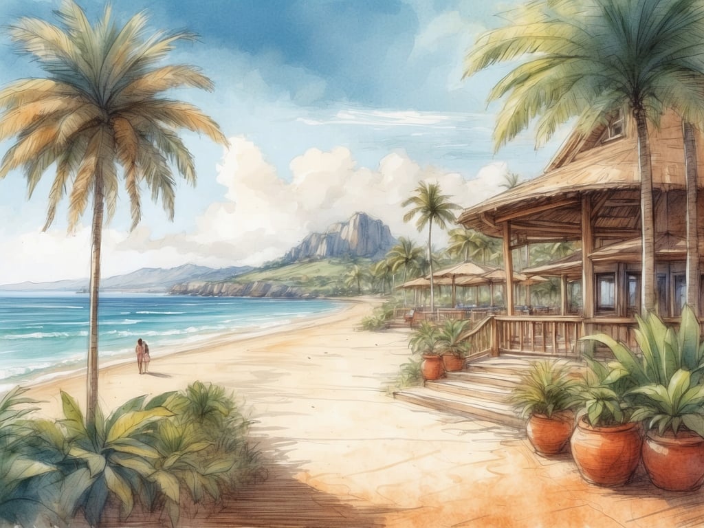 Auf dem Bild ist eine idyllische Strandlandschaft zu sehen. Im Vordergrund sieht man einen weichen Sandstrand, an dem zwei Personen entlanggehen. Umgeben ist der Strand von üppigen Pflanzen und Palmen. Rechts im Bild steht ein tropisches Resort-Haus mit einer überdachten Veranda und gemütlichen Sitzplätzen. Im Hintergrund sind sanfte Hügel und Berge sichtbar, die die Szenerie umrahmen. Insgesamt vermittelt das Bild eine entspannte Urlaubsatmosphäre an einem tropischen Ort.