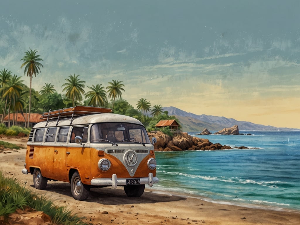 Auf dem Bild ist ein alter, orangefarbener VW-Bus zu sehen, der am Strand parkt. Im Hintergrund stehen Palmen und einige Hütten, während das Meer in sanften Wellen an den Strand plätschert. Die Farben des Bildes sind warm und einladend, mit einer malerischen Landschaft, die eine entspannte, sommerliche Atmosphäre vermittelt. Das gesamte Bild strahlt ein Gefühl von Freiheit und Abenteuer aus, ideal für den Landgang und die Erkundung schöner Orte.
