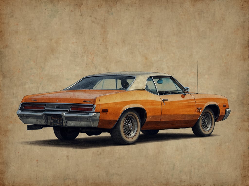 Auf dem Bild ist ein orangefarbener Oldtimer zu sehen, der im Retro-Stil dargestellt ist. Der Wagen hat ein klassisches Design mit einer zweifarbigen Lackierung und feinen Details. Wenn Sie ein Last-Minute-Angebot für Oldtimer suchen, könnte dieser Charme und Stil genau das Richtige für Sie sein!