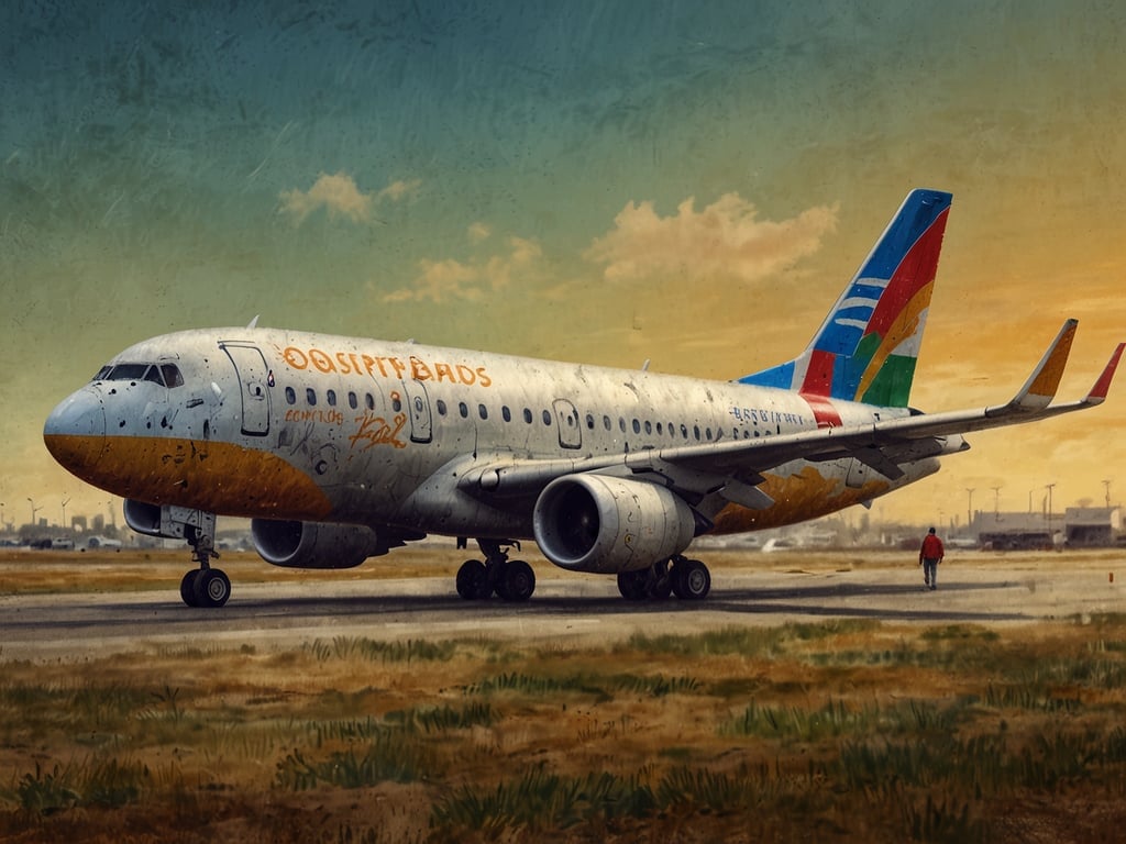 Auf dem Bild ist ein Flugzeug zu sehen, das auf einem Flughafen steht. Es hat eine auffällige Farbgestaltung und scheint ein bisschen abgenutzt zu sein. Im Hintergrund sieht man eine Person, die auf dem Flughafengelände spaziert. Die Atmosphäre ist von einem warmen Licht durchzogen, was für einen letzten Blick auf das Flugzeug sorgt, bevor es vielleicht abfliegt. Letzte Chance für einen kurzen Moment der Betrachtung!