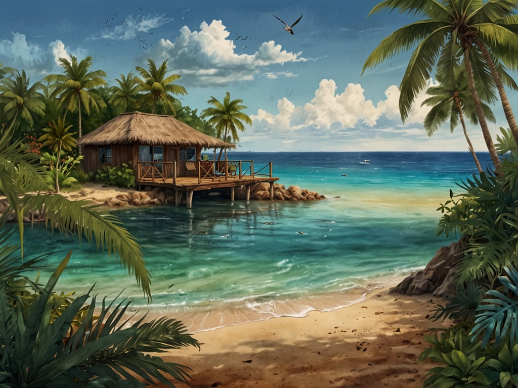 Auf dem Bild ist eine idyllische Szene von Laughing Bird Caye zu sehen. Es zeigt eine malerische, tropische Landschaft mit einem kleinen, strohgedeckten Haus, das auf dem Wasser steht und von Palmen umgeben ist. Das Wasser ist klar und schimmert in verschiedenen Blau- und Grüntönen. Im Hintergrund sind sanfte Wellen und einige Wolken am Himmel zu erkennen, die eine entspannende Atmosphäre schaffen. Der Strand ist sandy und lädt zum Entspannen ein. Diese Szenerie vermittelt ein Gefühl von Ruhe und tropischem Paradies.
