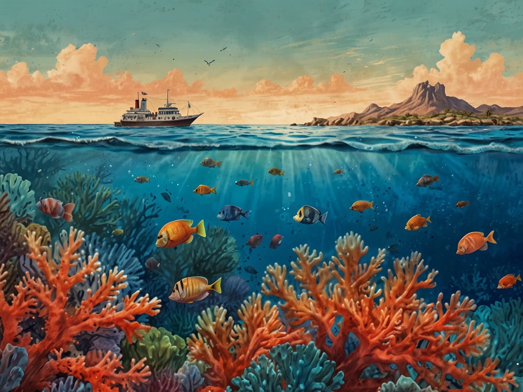 Auf dem Bild ist eine lebendige Unterwasserlandschaft zu sehen, die zu einem Schnorchelabenteuer in Laughing Bird Caye einlädt. Bunte Korallenriffe dominieren den Vordergrund, während verschiedene Fische umher schwimmen. Im Hintergrund sieht man ein Schiff, das sanft auf der Wasseroberfläche fährt, und eine malerische Küstenlinie mit sanften Hügeln. Das klare Wasser und die vielfältige Meeresflora und -fauna schaffen eine fesselnde und einladende Atmosphäre für Unterwassererkundungen.
