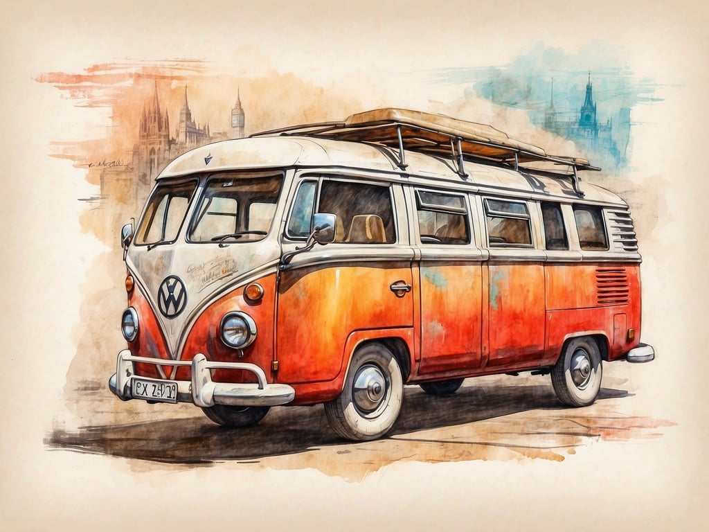Auf dem Bild ist ein klassischer Volkswagen-Bus zu sehen, der oft als 