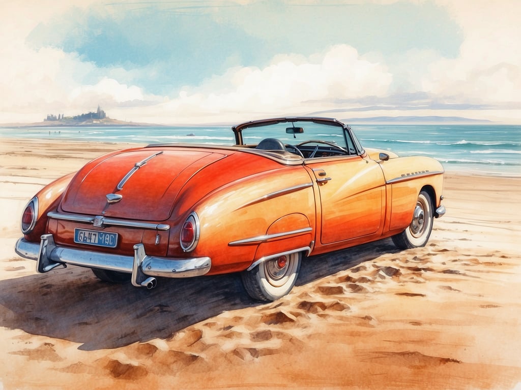 Auf dem Bild ist ein wunderschöner, orangefarbener Cabriolet zu sehen, der auf einem sonnigen Strand parkt. Die sanften Wellen des Meeres im Hintergrund und der strahlend blaue Himmel verleihen der Szene eine entspannte Atmosphäre. Dieser Anblick lädt dazu ein, den Moment zu genießen, während man die frische Meeresluft und den warmen Sand unter den Füßen spürt. Es ist ein perfekter Ort, um die Seele baumeln zu lassen und sich dem Genuss von Freiheit und Ruhe hinzugeben.