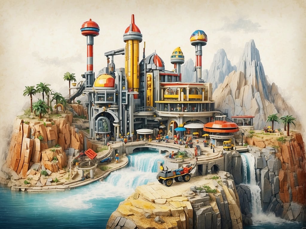 Auf dem Bild sieht man eine aufregende, fantasievolle Landschaft, die an Themenbereiche im Legoland Deutschland erinnert. Die bunten Türme und Konstruktionsstil könnten die Attraktion 