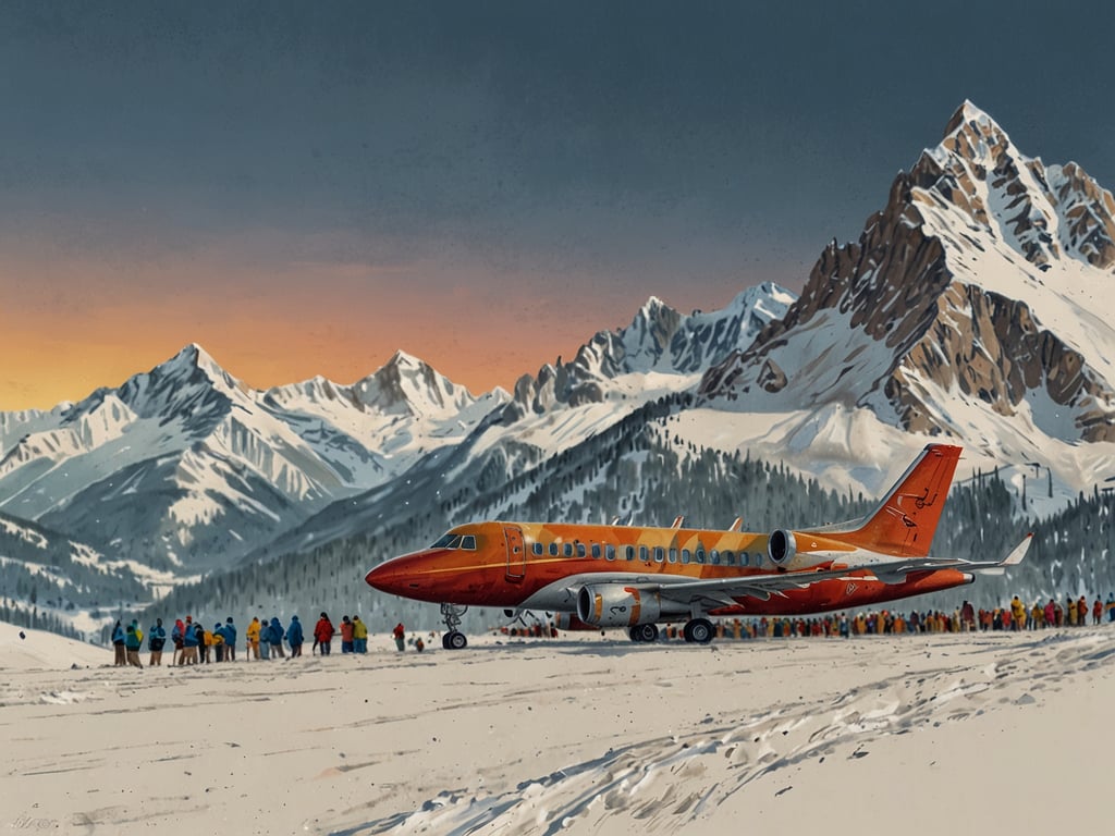Auf dem Bild ist ein Flugzeug zu sehen, das auf einer schneebedeckten Fläche steht, umgeben von hohen Bergen. Vor dem Flugzeug versammelt sich eine große Menge von Menschen in winterlichen Kleidern, die anscheinend auf einen Skiausflug warten. Die Szene vermittelt eine gemütliche und abenteuerliche Atmosphäre in den Bergen.

Leo Trippi: Weltbester Skireiseveranstalter 2024.