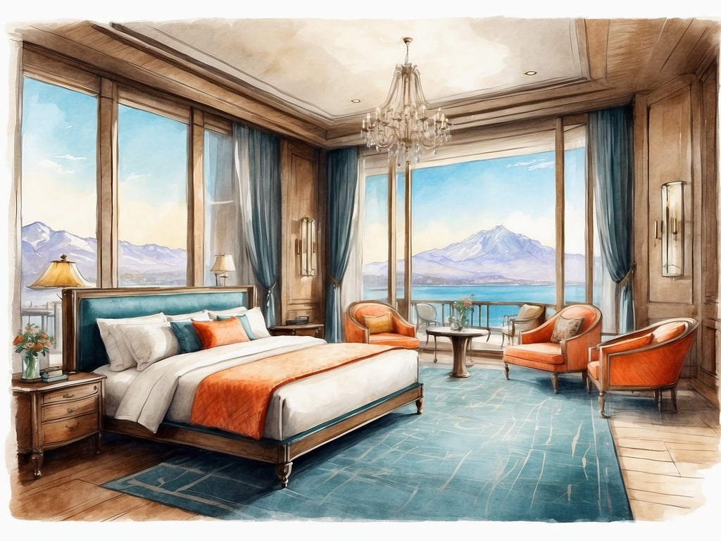 Auf dem Bild ist ein stilvolles Hotelzimmer zu sehen, das modern und elegant gestaltet ist. Es verfügt über ein großes Fenster, das einen herrlichen Blick auf die Berge und das Wasser bietet. Die Einrichtung umfasst ein bequemes Doppelbett mit farblich abgestimmten Kissen und eine gemütliche Sitzecke mit zwei orangenen Sesseln und einem kleinen Tisch. Ein dekorativer Teppich und eine schicke Lampe runden das Ambiente ab. Die sanften Farben und die hochwertige Ausstattung verleihen dem Raum eine einladende Atmosphäre, ideal für Entspannung und Komfort.