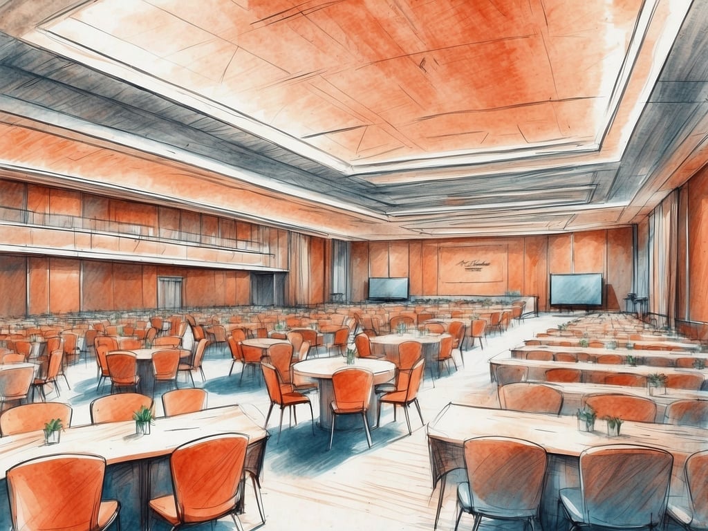 Auf dem Bild ist ein Veranstaltungsraum zu sehen, der für Tagungen oder Konferenzen genutzt werden kann. Es sind viele Tische und Stühle aufgestellt, die eine angenehme Atmosphäre schaffen. Die Stühle sind orange, und die Tische sind mit kleinen Pflanzen dekoriert, was zur Gestaltung des Raumes beiträgt. An der Wand befindet sich möglicherweise ein Bereich für Präsentationen, mit zwei Bildschirmen, die für Vorträge oder Workshops genutzt werden können. Der Raum ist hell und einladend, ideal für verschiedene Arten von Veranstaltungen.